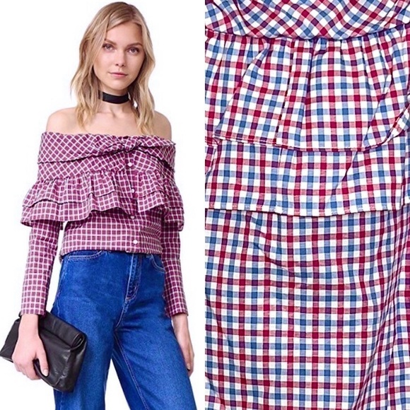NWT REVOLVE X PETERSYN Off Shoulder Gingham Plaid Ruffle Tie Bow Button Up Top M - Picture 1 of 7